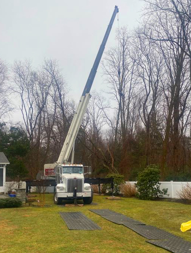 Crane truck extended on front lawn with person trimming tree branches